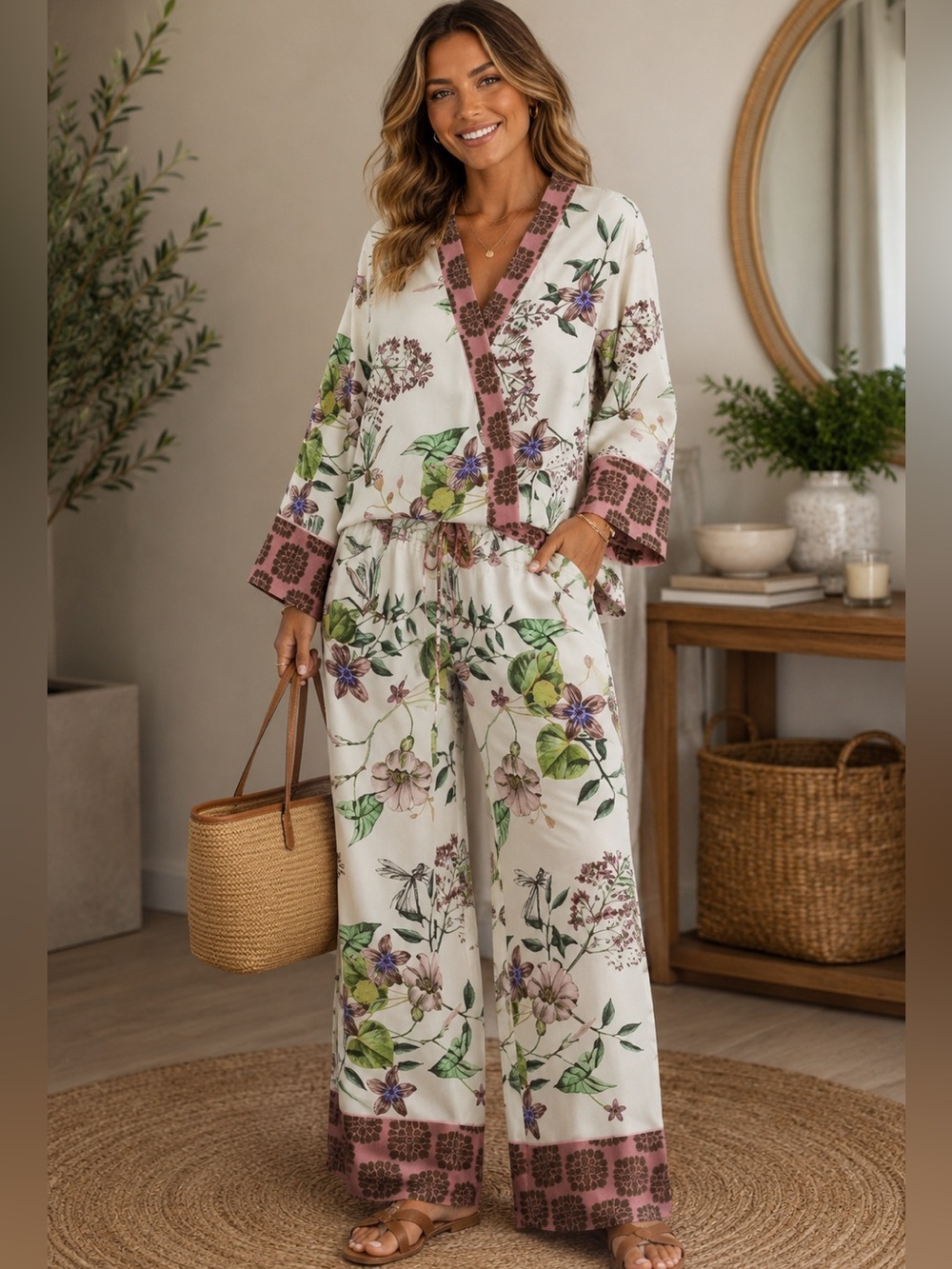 Zara Botanical Dragonfly Matching Set SZ S Floral Wrap Top & Wide Leg Pants
